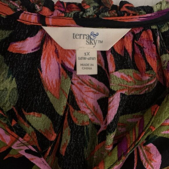 Terra & Sky Top Women's Size 1x Floral Colorful Peasant Ruffle Tie Front - Picture 3 of 6